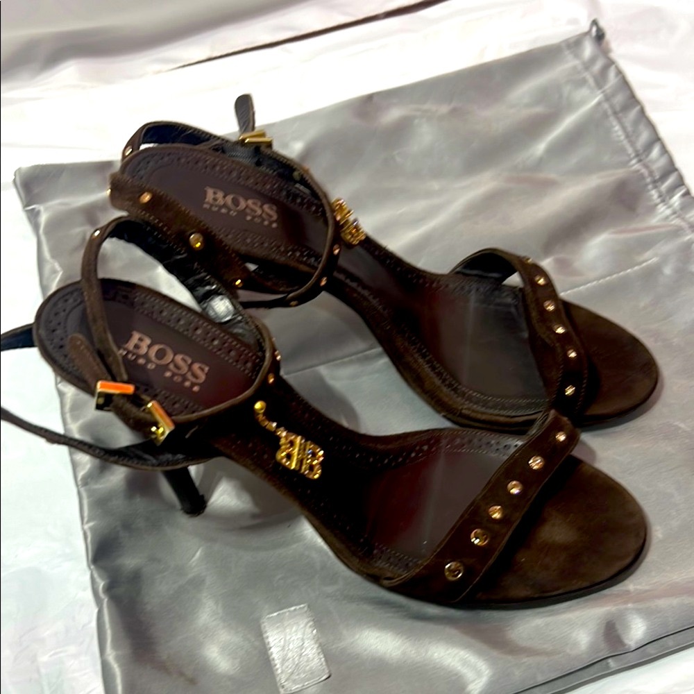BOSS Hugo Boss Women's Suede Brown Wrap Around Heeled Sandals Size 39